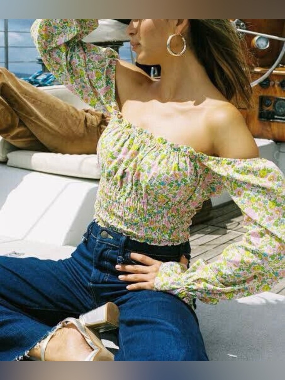 With Jean fonda off shoulder top
